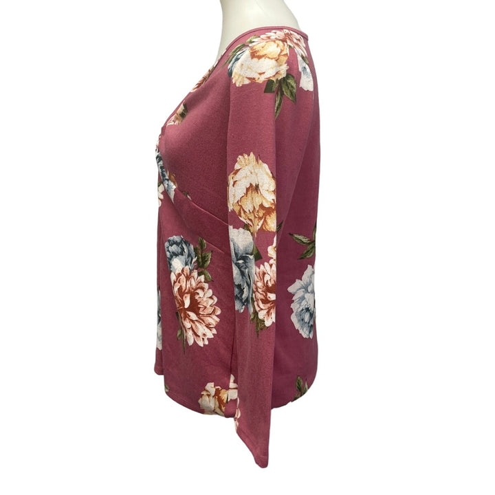 Emerald Women Dusty Pink Small PolySpandex Floral Long Sleeve V Neck Blouse