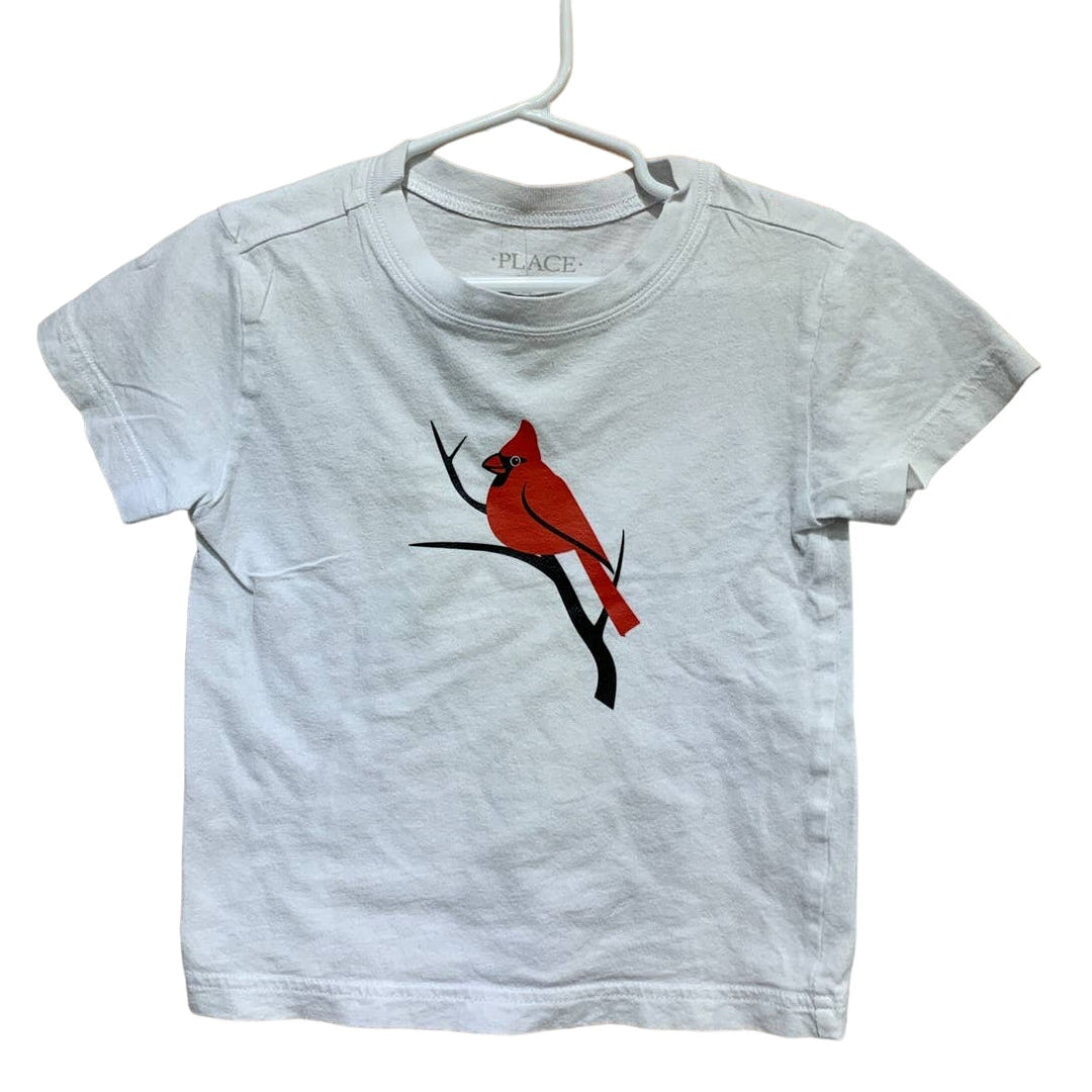Hand Printed Upcycled Child XS 4 Red Cardinal Bird Short Sleeve 100% Cotton Tee