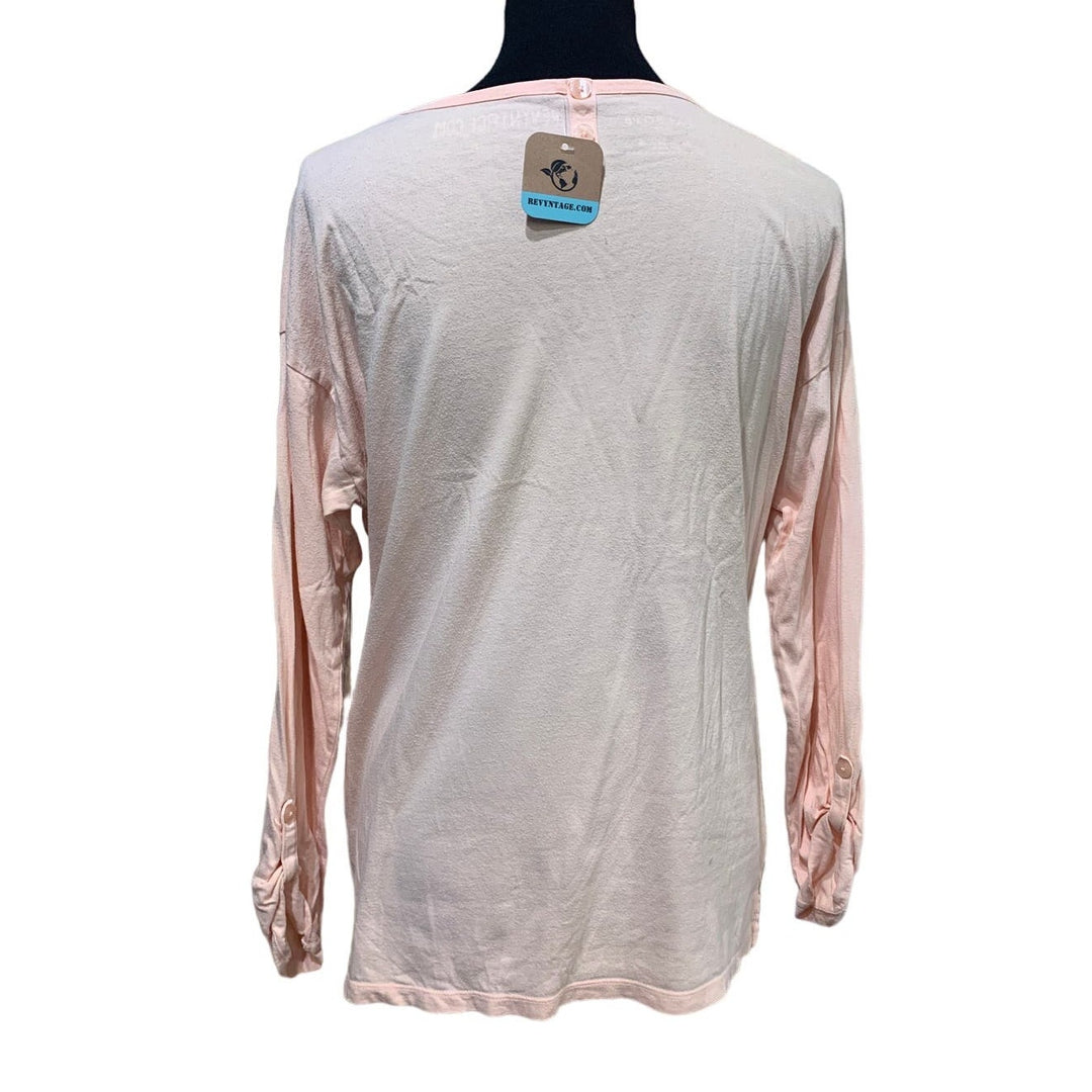 Hand Printed Upcycled Womens Large Dragonfly Long Button Sleeve Cotton Blend Tee