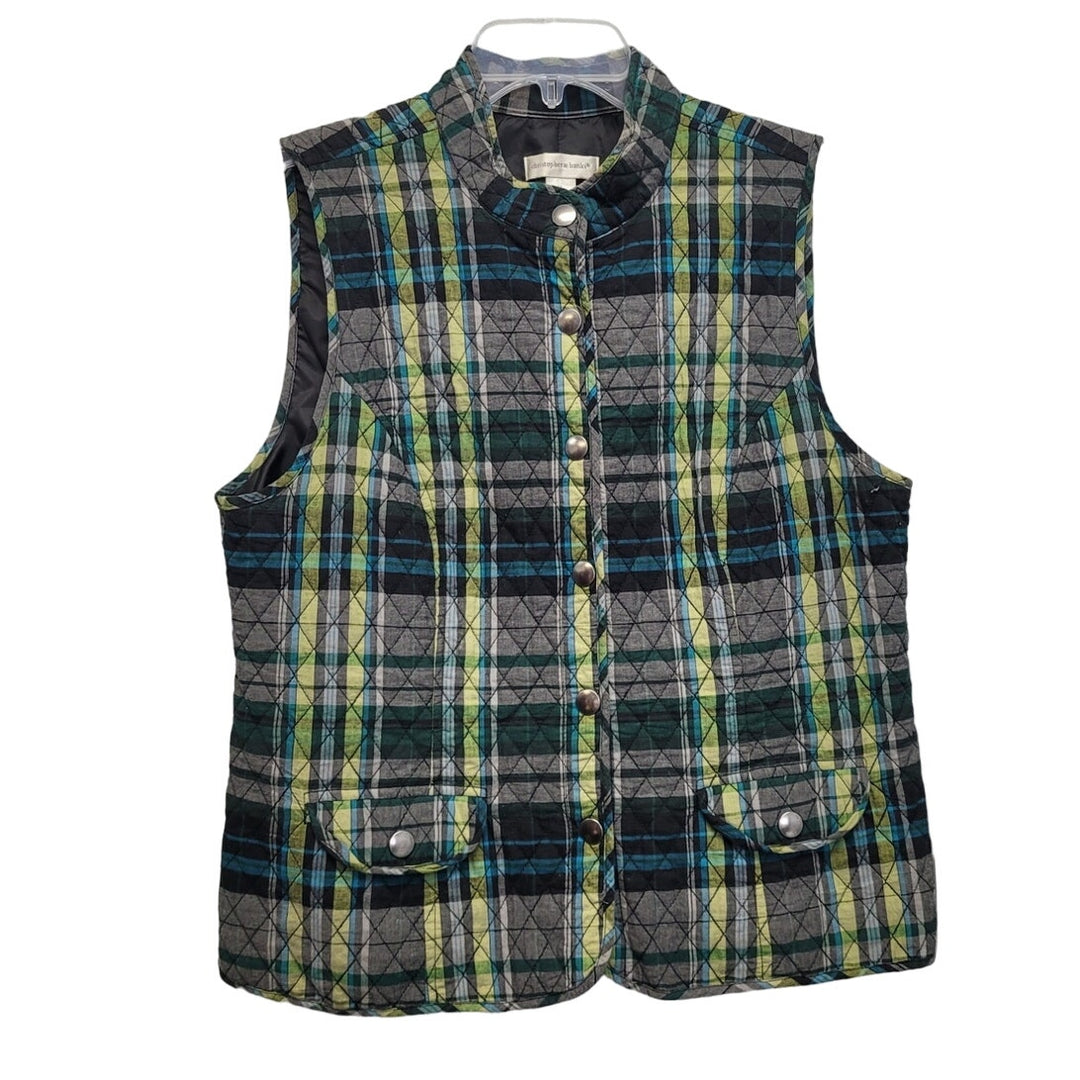 Christopher &amp; Banks Womens Medium PolyCotton Plaid Snap Up Vest w Front Pockets