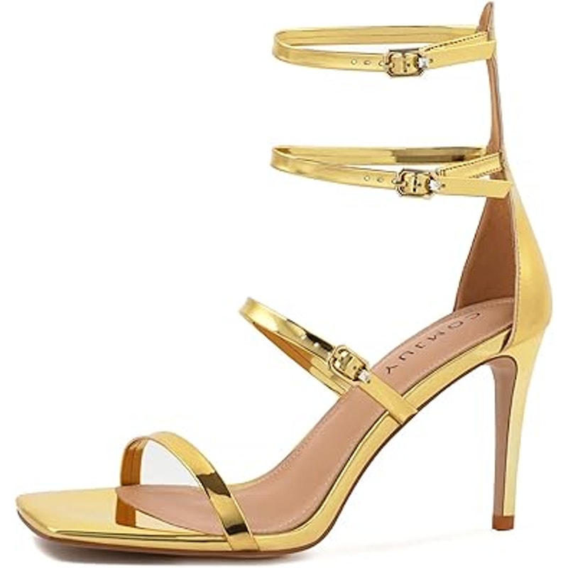 Comjuy Womens Size 7 Shiny Gold Strappy 3.5" High Heels Open Toe Wedding Shoes