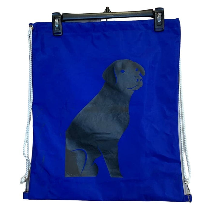 Hand Printed Upcycled Heavy Duty Vinyl Drawstring Bag Backpack w Black Lab Dog