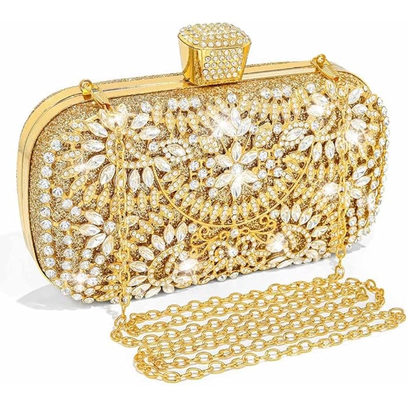 New Yokawe Womens Gold Silver Rhinestone Crystal Clutch Bag Purse Optional Chain