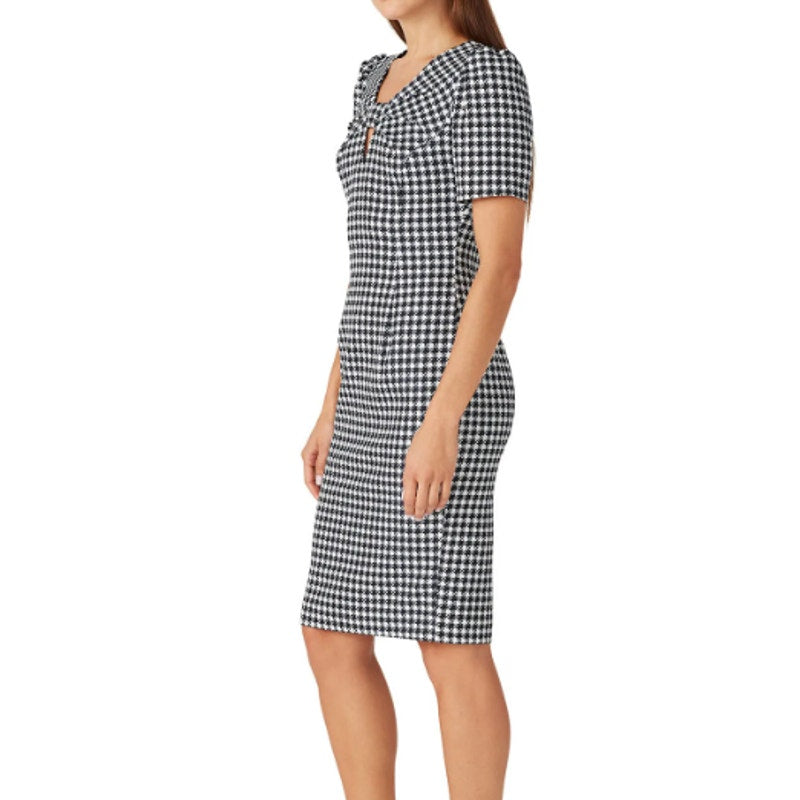 Badgley Mischka Size 2 Black White Houndstooth Twist Bow Neck Knee Length Dress