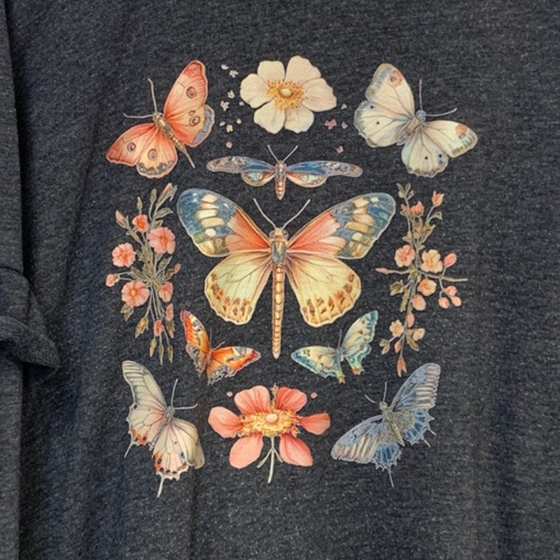 Upcycled Hand Printed Womens XL Gray Floral Butterfly Long Sleeve Tee Shirt