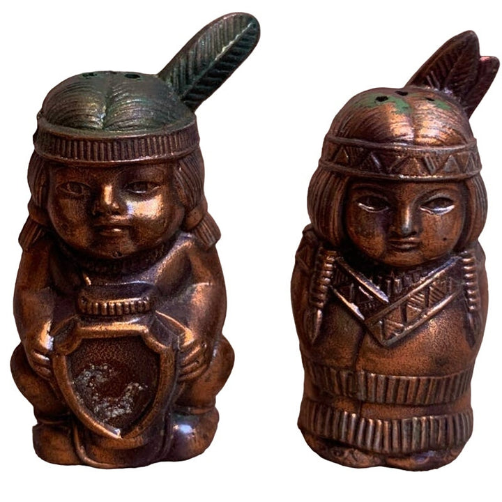 Vintage Copper Made in Japan Native American Man &amp; Woman Salt Pepper Shaker Set