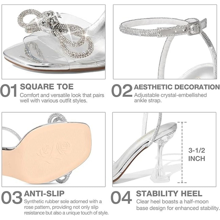 Zurin Womens Size 8.5 Silver Clear Strap Bow Open Toe 4" Heel Ankle Strap Shoes