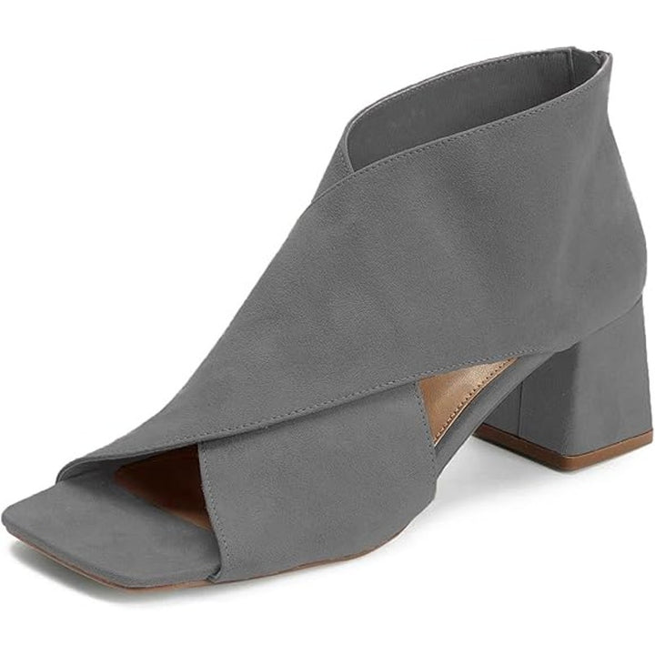 Lehoor Womens Size 10 Gray Faux Suede Open Toe 2.5" Block Heel Back Zip Shoes
