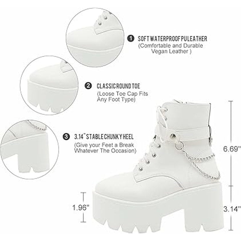 Cynllio Womens 8 White Faux Leather 3.5" Block Heel Platform Combat Ankle Boots