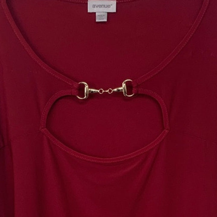 Avenue Womens Size 22/24 Red PolySpandex Long Sleeve Key Hole Tunic Shirt Top