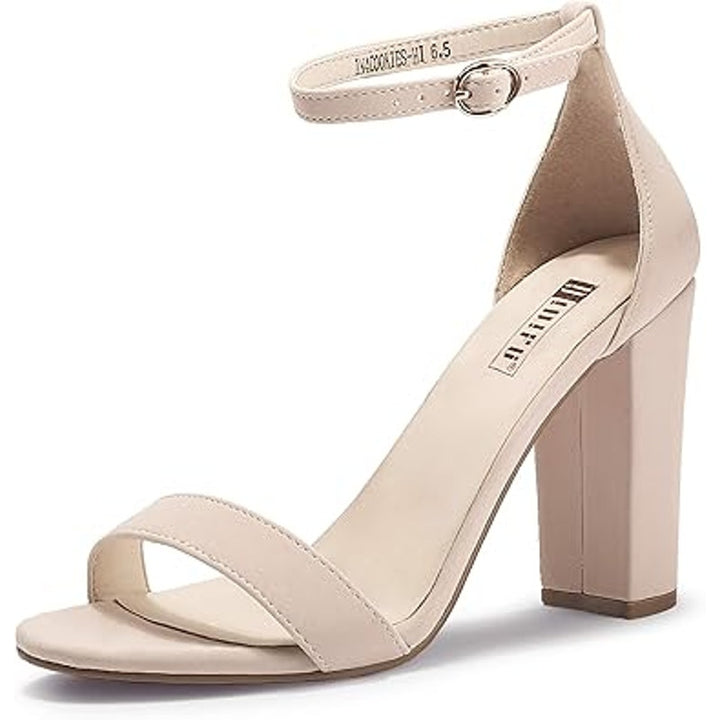 Idifu Womens Size 9 Nude Tan Open Toe Ankle Strap 3" Chunky Heel Sandal Shoes