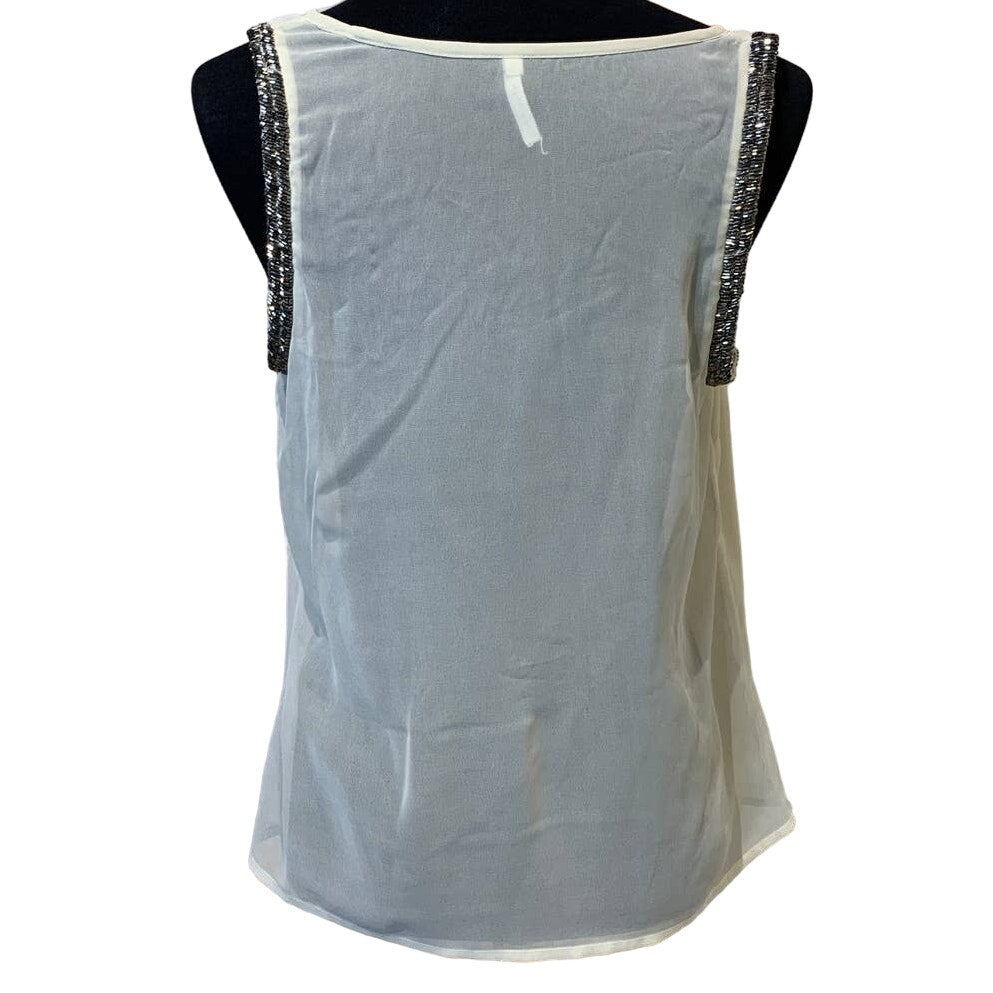 Willow &amp; Clay Womens Medium Sheer Sleeveless Silver Beaded Ivory Dressy Tank Top