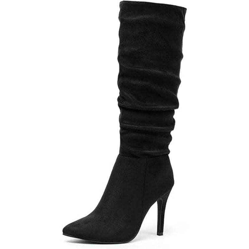 Womens Size 6.5 Black Faux Suede Slouch Stiletto Heel Knee High Pointy Toe Boots