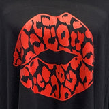 Hand Printed Upcycled Womens XL Valentine Leopard Spot Lips Kiss Long Tee Shirt