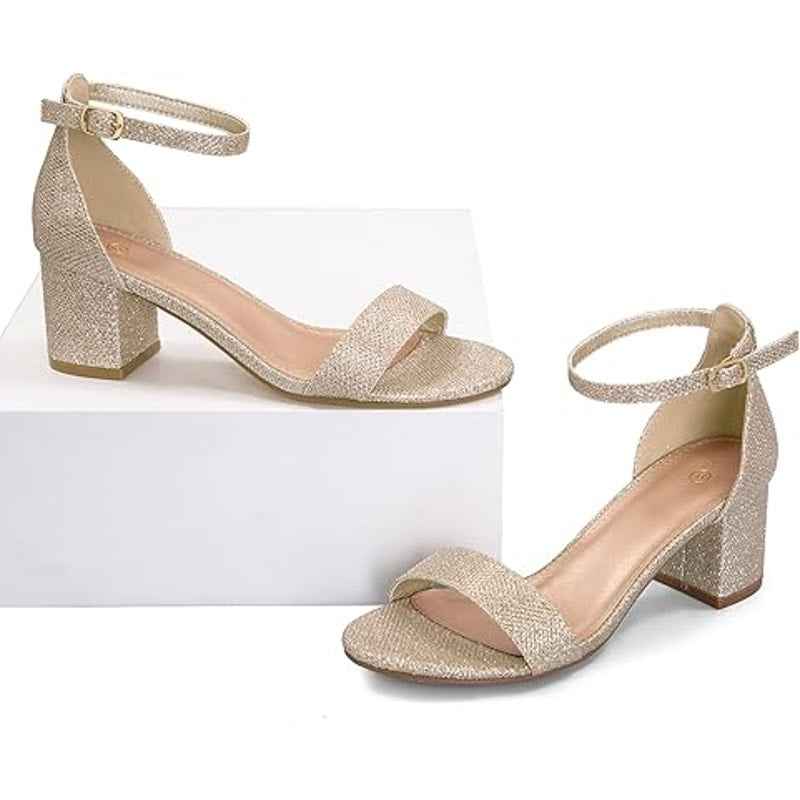 Mysoft Womens Size 7.5 Gold Glitter 2.5" Chunky Heel Open Toe Ankle Strap Shoes