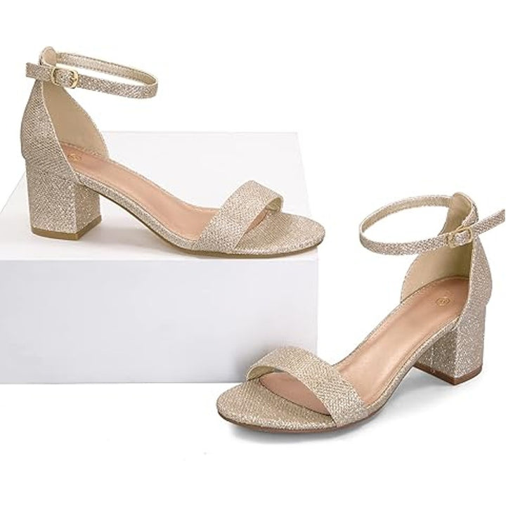 Mysoft Womens Size 7.5 Gold Glitter 2.5" Chunky Heel Open Toe Ankle Strap Shoes
