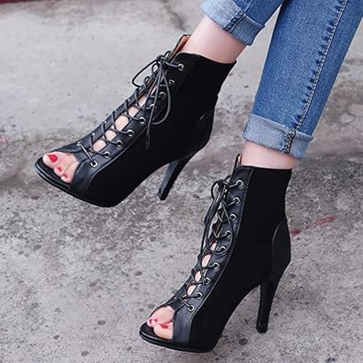 Roimaash Womens Size 9.5 Black Faux Suede Lace Up Peep Toe 4" Heel Boot Shoes