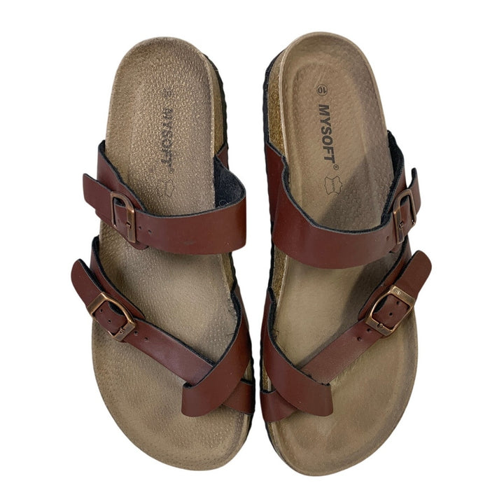 Mysoft Womens Size 10 Brown Sandals Open Round Toe Double Buckle Slip On Shoes