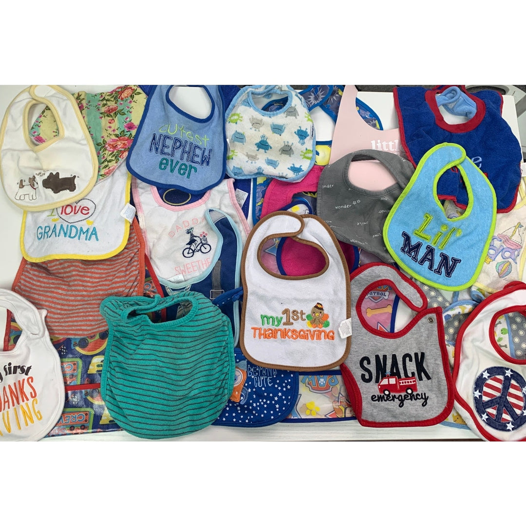 Lot of 28 Boy Girl Snap Hook Loop Closure Cloth Plastic Small Large Baby Bibs