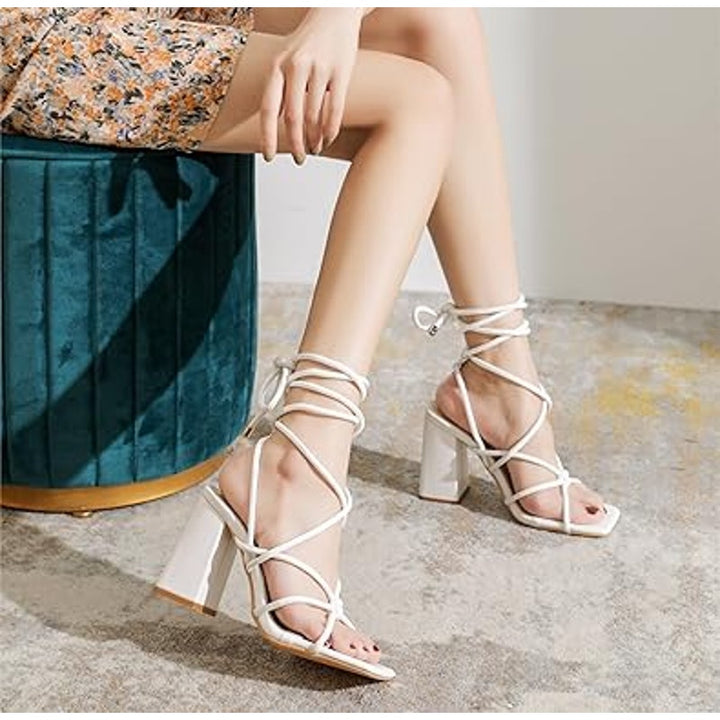 Ethsieta Womens Size 8 White Faux Leather Strappy 4" Chunky Heel Sandal Shoes