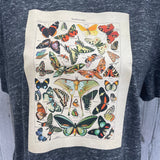 Hand Printed Upcycled Womens Large Vintage Book Page Butterfly Short Sleeve Tee