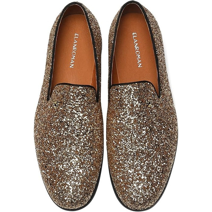 Elanroman Mens Size 12 Shiny Gold Glitter Slip On Loafer Prom Wedding Shoes