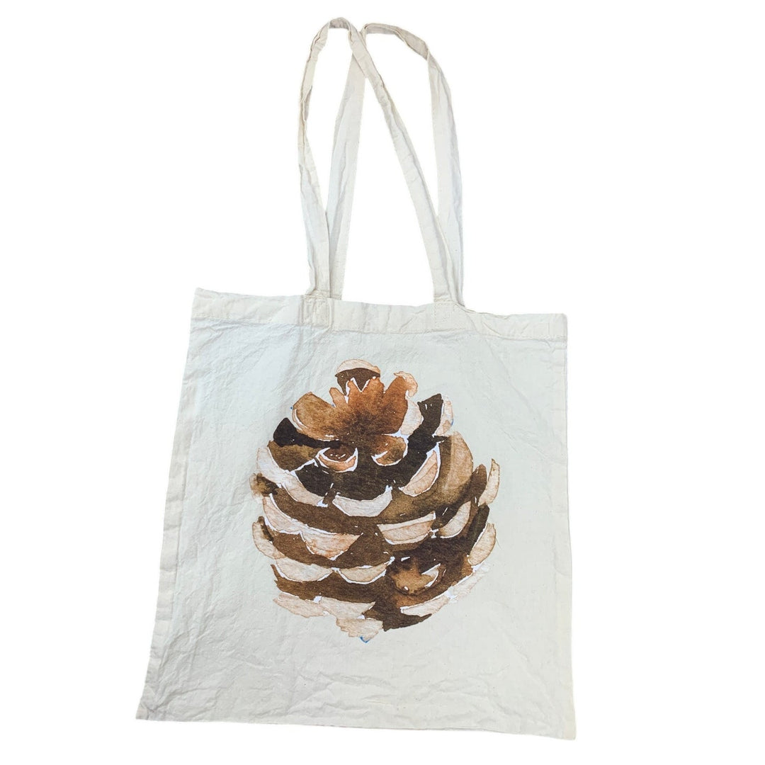 Upcycled Hand Printed Rustic Pinecone 100% Cotton Natural Off White Tote Bag