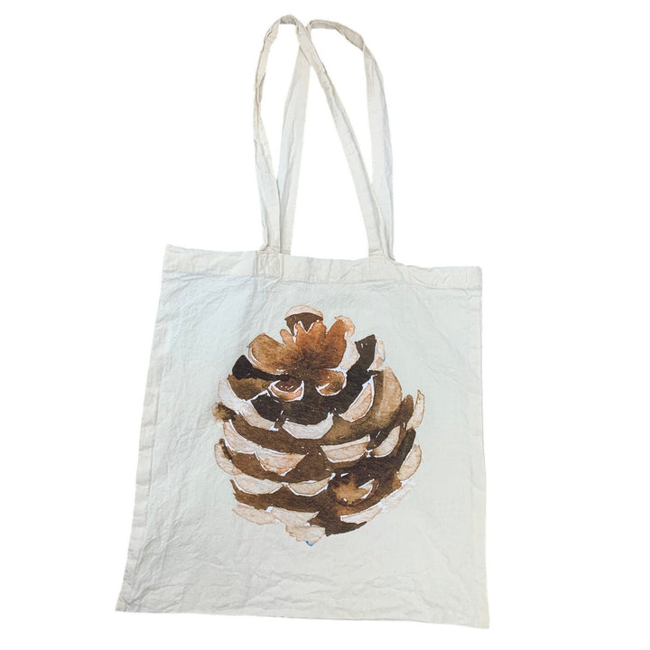 Upcycled Hand Printed Rustic Pinecone 100% Cotton Natural Off White Tote Bag