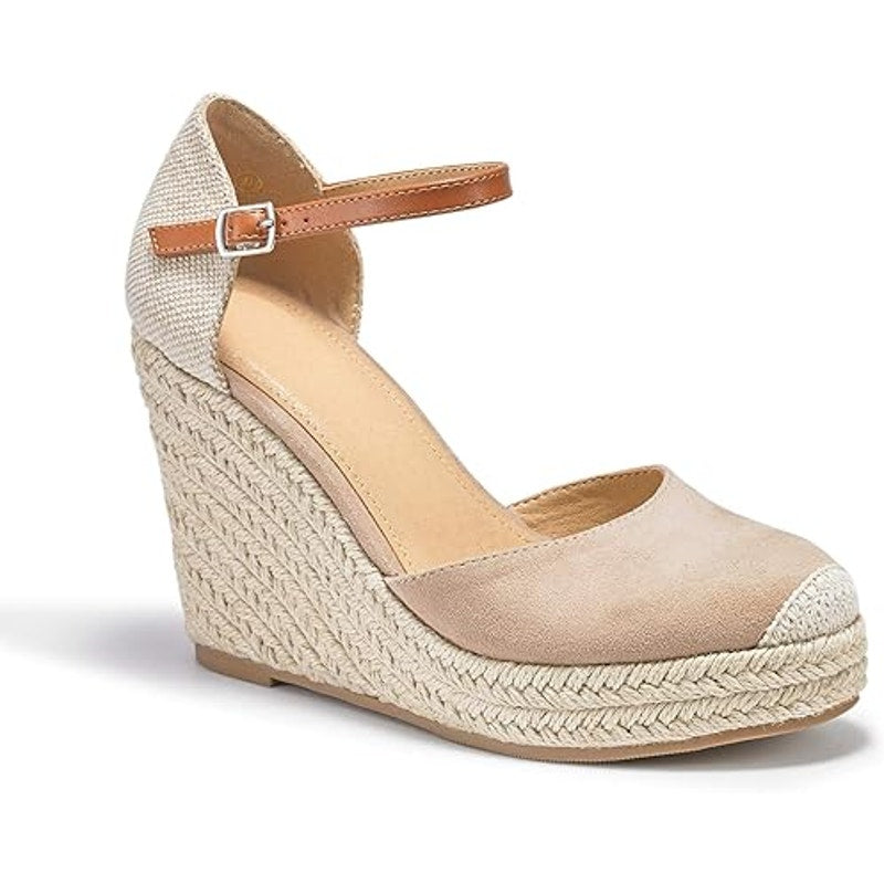 Fisace Womens Size 8 Tan Faux Suede 4" Wedge Espadrille Ankle Strap Sandal Shoes