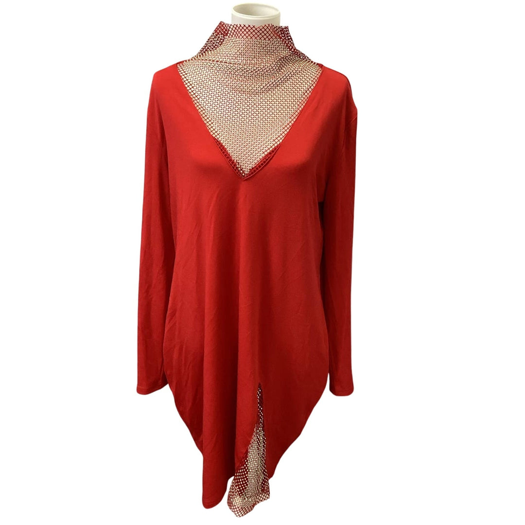 New Plus Wear Womens XXL Deep VNeck Red BodyCon Gold Mesh Long Sleeve Mini Dress