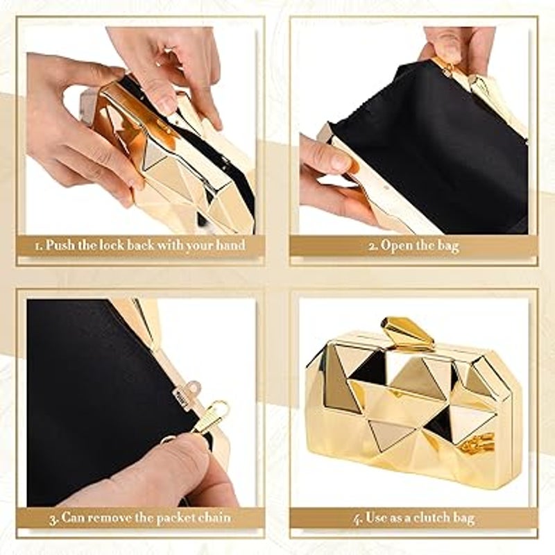 New Jadive Shiny Gold Metal Geometric Removeable Long Chain Evening Clutch Purse