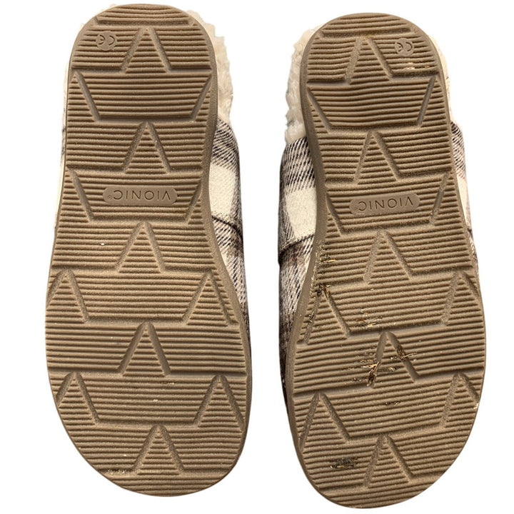 Vionic Mens Size 8 Brown White Plaid Memory Foam Slide On Mule Slippers Shoes