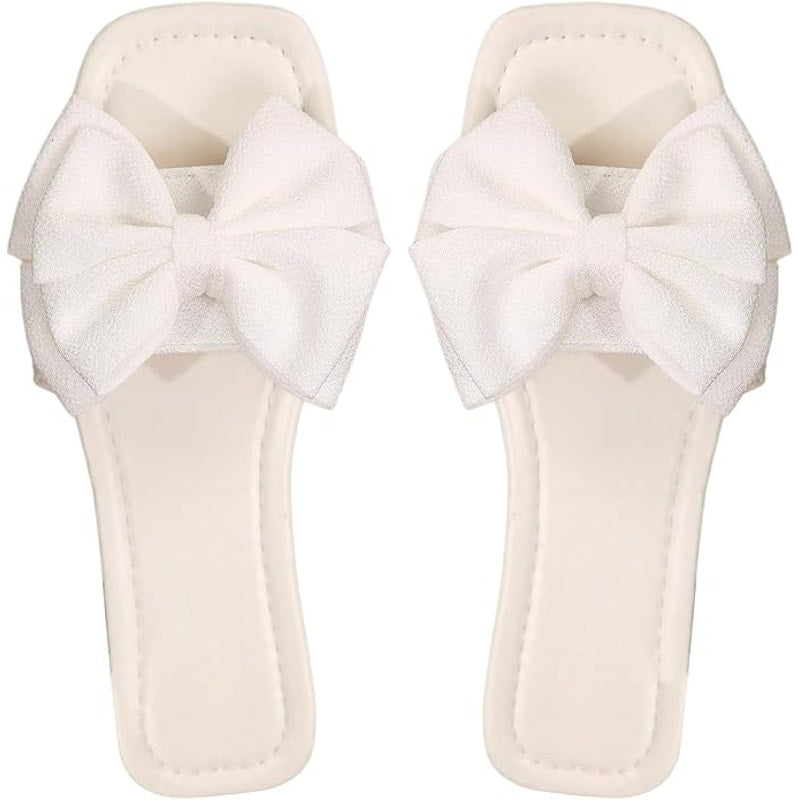 Verdusa Womens Size 12 White Fabric Bow Open Toe Slide On Flip Flop Sandal Shoes