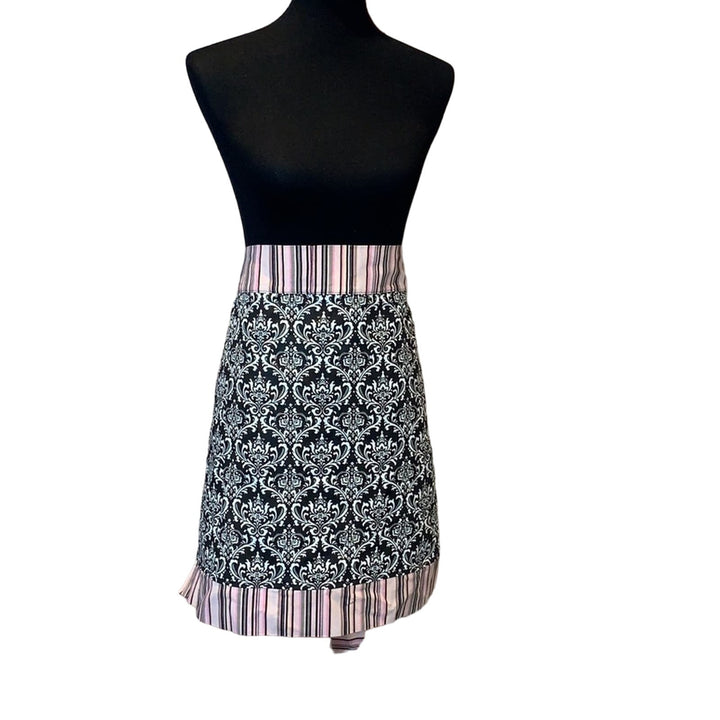 Cute Handmade Black White Toile Floral Pink Stripe Kitchen Craft Bow Tie Apron