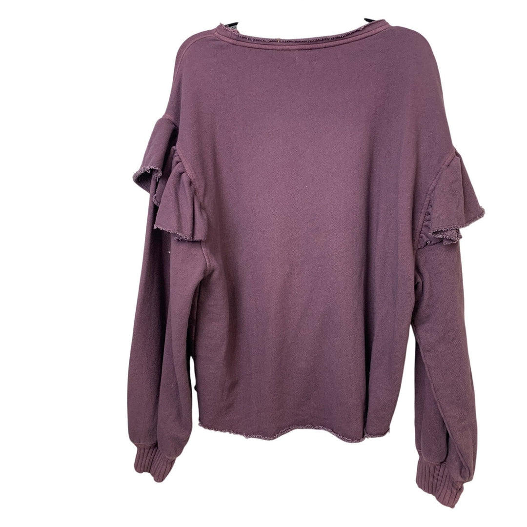 New Hand Printed Womens Small Woodland Owl Purple Ruffled Long Sleeve Sweatshirt