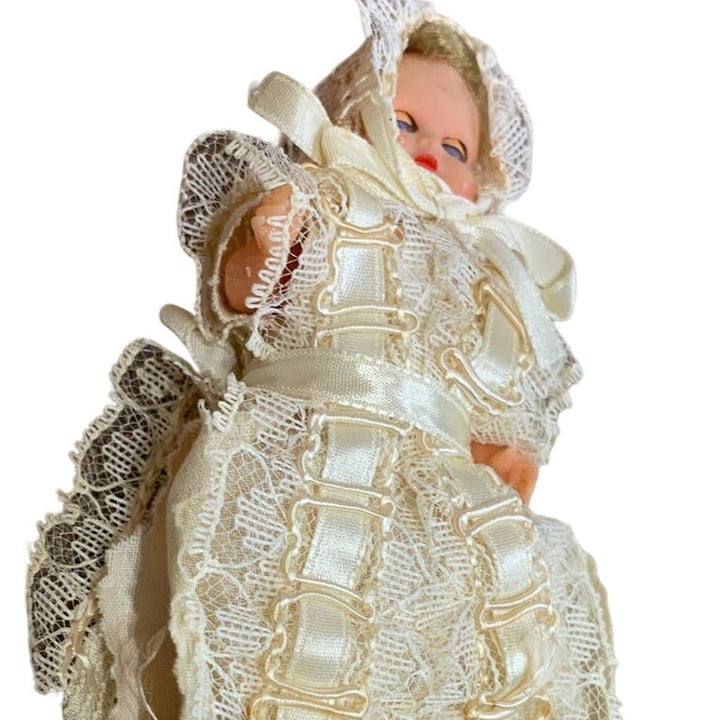 Vintage 4" Small Blond Closing Blue Eyed Plastic Baby Doll in Christening Dress