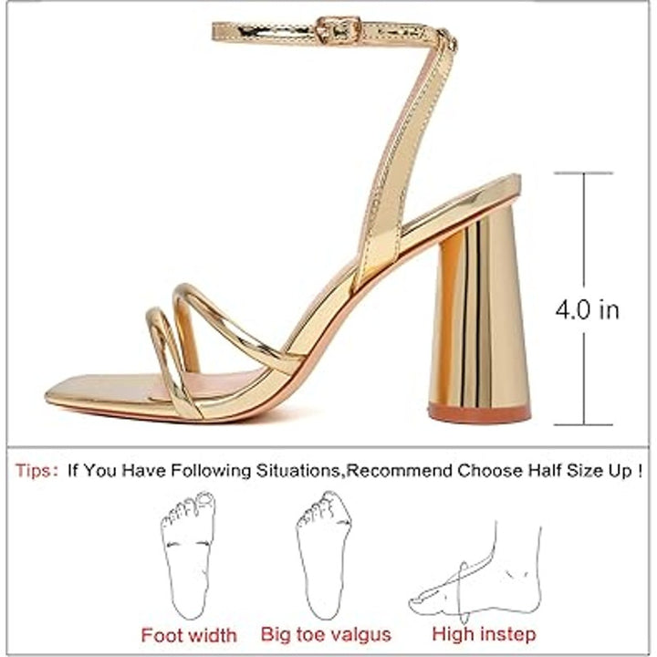 Ribongz Women Size 7.5 Shiny Gold OpenToe Ankle Strap 4" Block Heel Sandal Shoes