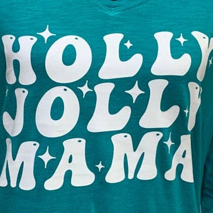 Upcycled Hand Printed Womens XL Christmas Holly Jolly Mama Long Sleeve Tee