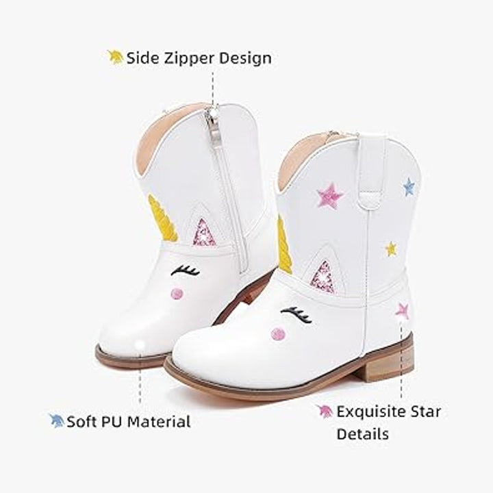 Parrosoo Toddler Girls 9 White Faux Leather Unicorn Cowgirl Cowboy Boot Shoes