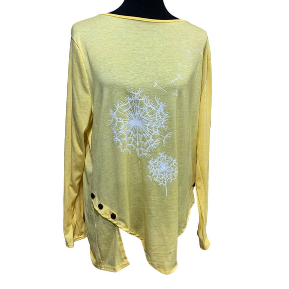 Hand Printed 2X Make A Wish Dandelion Long Sleeve Tee w Button Detail