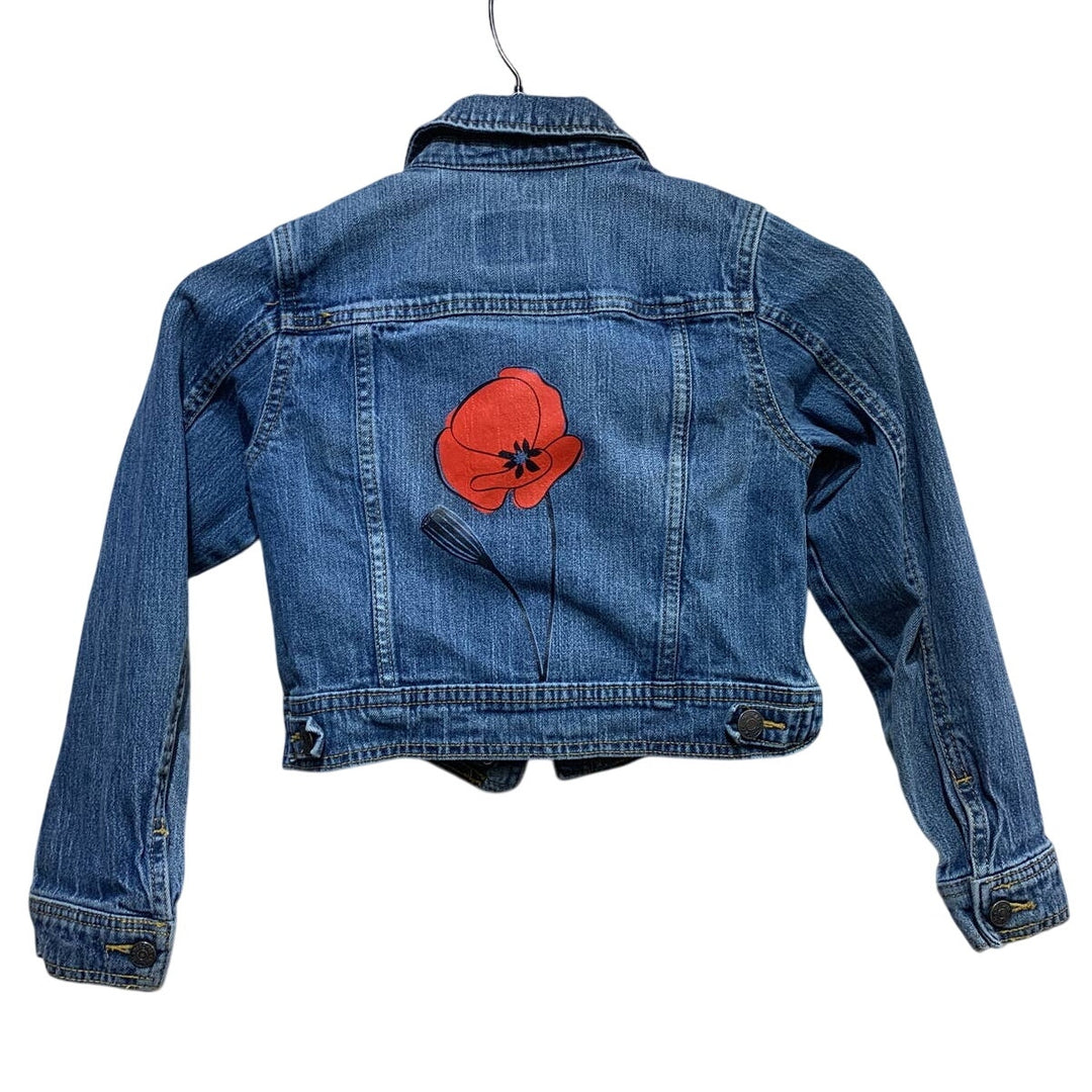 Hand Printed Upcycled Girls Medium Red Poppy Flower Denim Button Up Jean Jacket