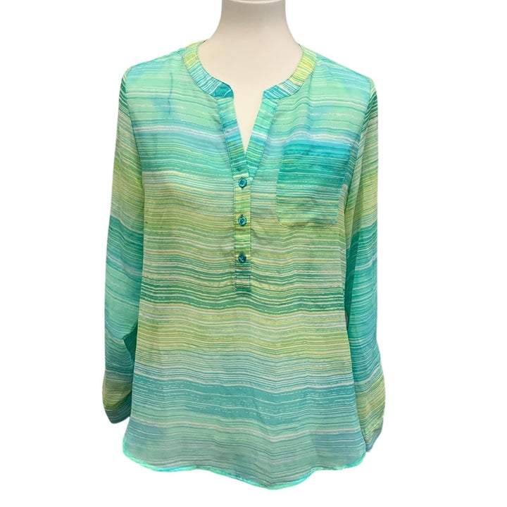 Christopher &amp; Banks Womens Small Sheer Long Sleeve Half Button Striped Blouse