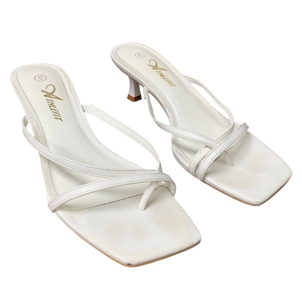 Athlefit Women Size 6 White Faux Leather Strappy 2.25" Kitten Heels Sandal Shoes