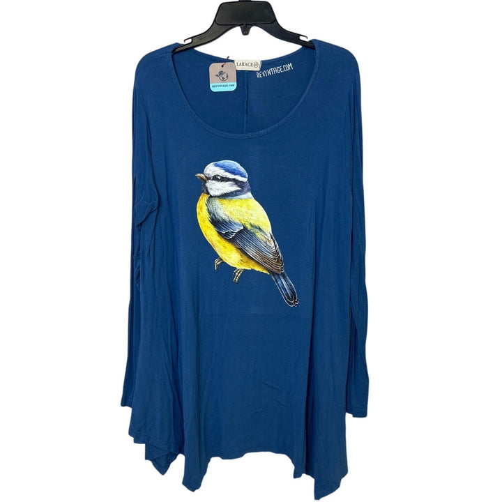 Upcycled Hand Printed Womens 3X Yellow Blue Wild Bird Long Sleeve Tee Shirt
