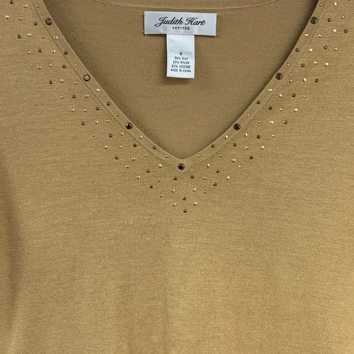 Judith Hart Womens Small Petite Silk Blend Rhinestone V Neck Long Sleeve Top