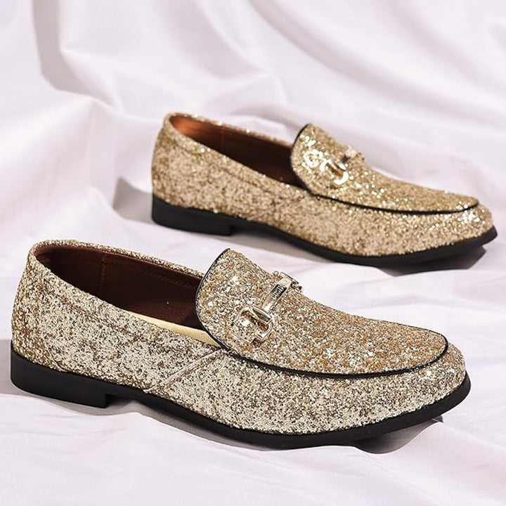 New Cosidram Mens Size 13 Gold Glitter Slide On Buckle Loafers Dress Shoes