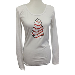 Hand Printed Upcycled Womens Small Christmas Tree Snack Cake Long Sleeve Tee