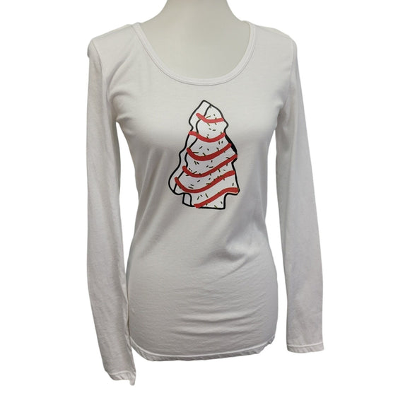 Hand Printed Upcycled Womens Small Christmas Tree Snack Cake Long Sleeve Tee
