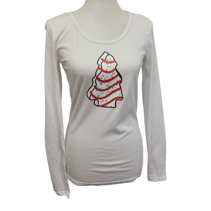 Hand Printed Upcycled Womens Small Christmas Tree Snack Cake Long Sleeve Tee