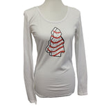 Hand Printed Upcycled Womens Small Christmas Tree Snack Cake Long Sleeve Tee